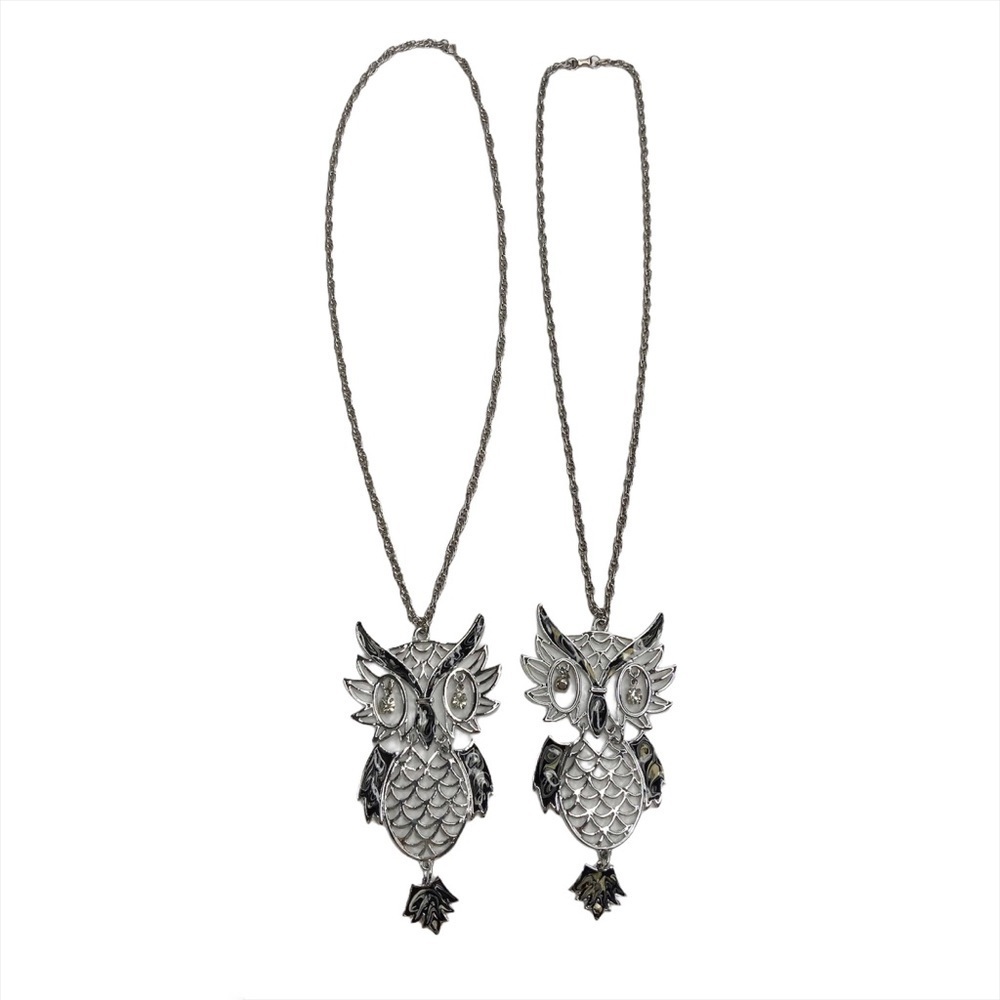 Vintage Pair of Articulated Owl Enamel Necklaces